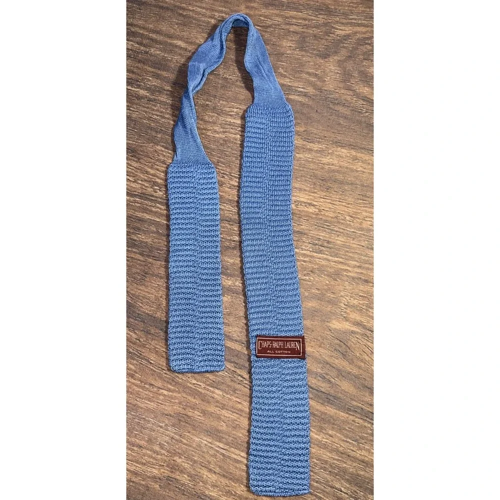 Vintage Chaps Ralph Lauren Square Tip Knit Cotton Tie Blue Men's Preppy - Picture 5 of 9
